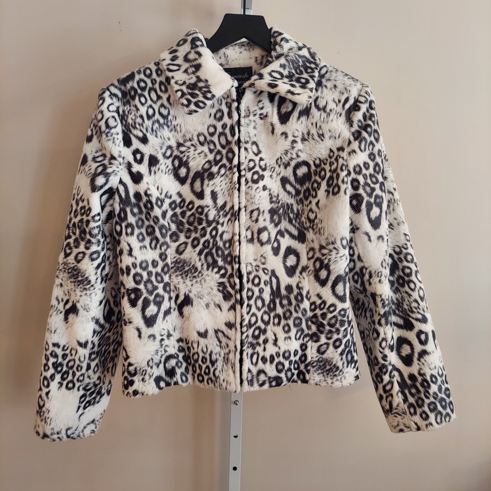 Giancarlo Ferrari Coat Faux Fur Black White Animal Print Leopard Size 12 Winter